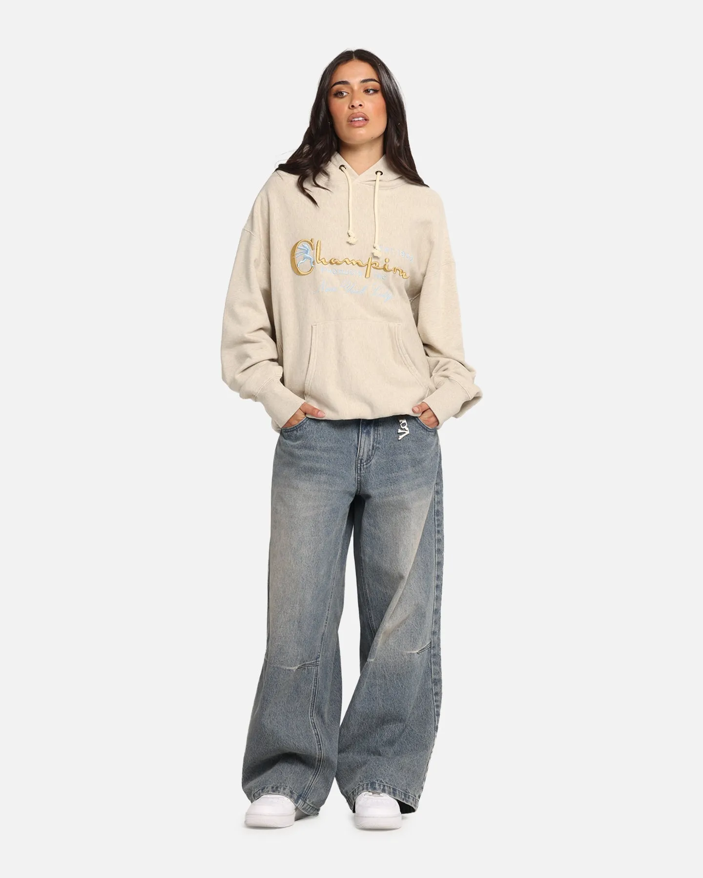 Champion Vintage Logo Sweatshirt Hoodie Oatmeal Heather