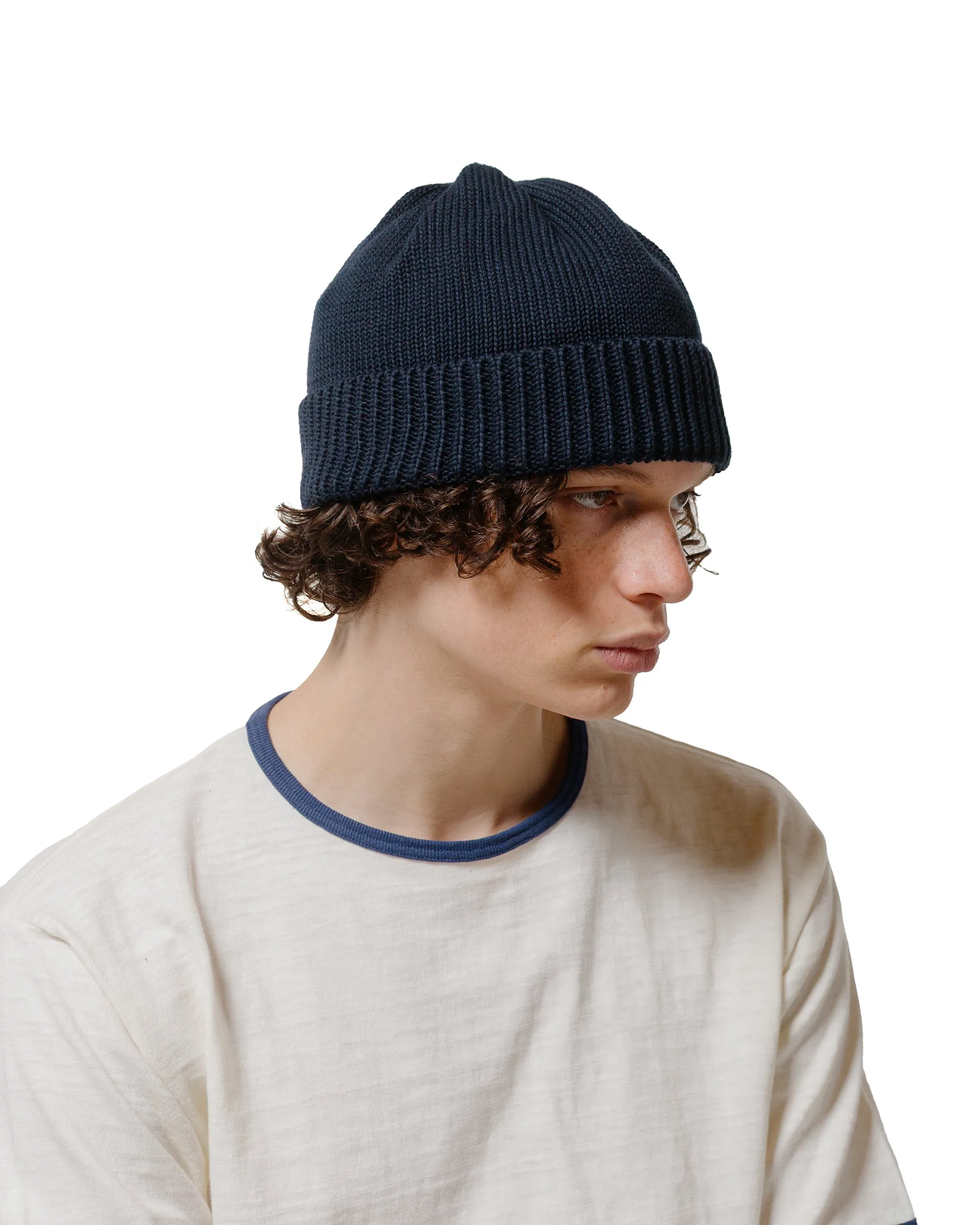 Found Feather Knit Roll Watch Cap Cotton Knit Navy