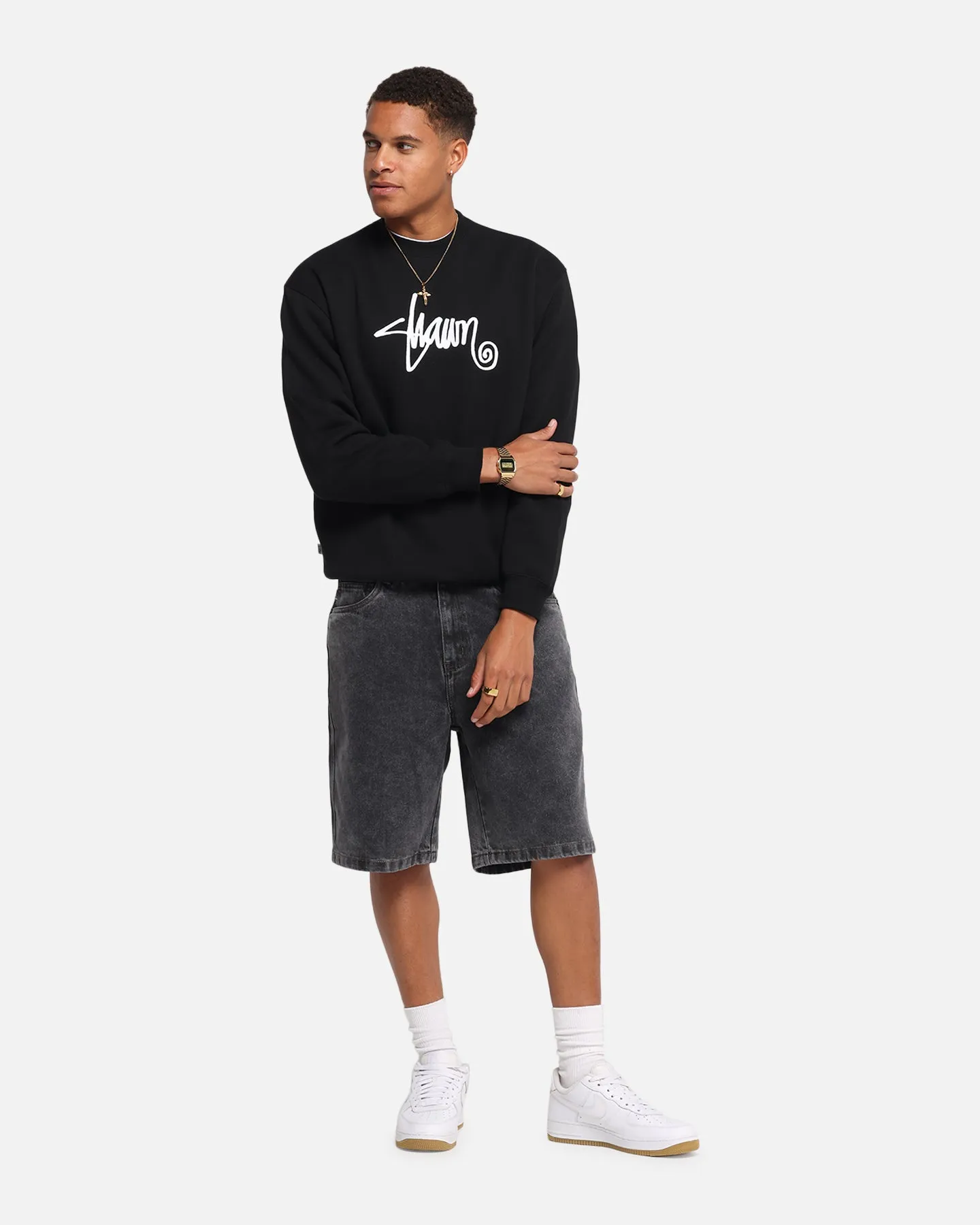 S Double Shawn Script Crewneck Black